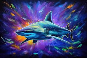 Blacklight Painting of a shark in the Ocean created with technology. photo