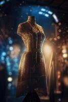 An innovative and elegant dress in a steampunk look on a Mannequin with soft bokeh lights created with technology. photo