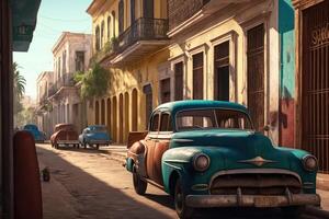 A Street in a town in a cubanic look with a lot of old rusty cars and no people created with technology. photo