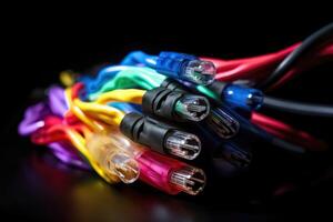 un haz de brillantemente de colores fibra óptico cables creado con generativo ai tecnología. foto