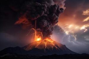 A big volcano erupts with a dark ash cloud in the sky with lightning created with technology. photo