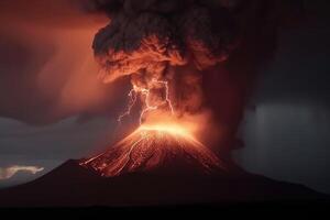 A big volcano erupts with a dark ash cloud in the sky with lightning created with technology. photo