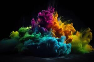 Exploding colour powder in rainbow colours on a black background created with technology. photo