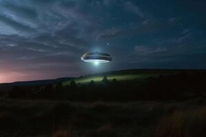 A UFO with a spotlight pointed at the bottom of the landscape - Stars in the sky created with technology. photo