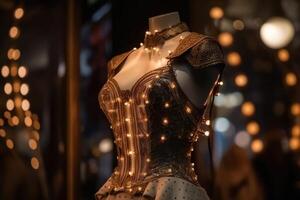 un innovador y elegante vestir en un Steampunk Mira en un maniquí con suave bokeh luces creado con generativo ai tecnología. foto