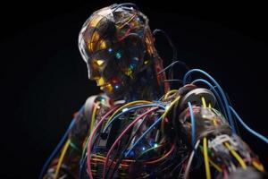 An AI robot almost completely wrapped in brightly coloured fibre optic cable created with technology. photo