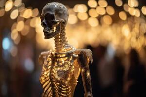 An innovative and elegant dress made of bones and skulls on a Mannequin with soft bokeh lights created with technology. photo