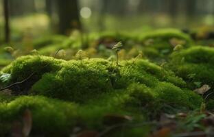 Close up view on a forest ground with a lot of moss and little branches created with technology. photo