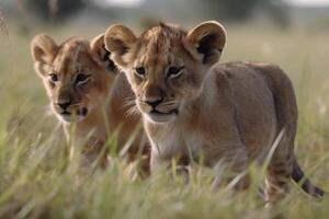 Two cute lion cubs playing in the flat grass of the savannah created with generative AI technology. photo