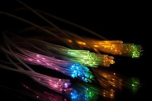 Some fibre optic cables glowing at the end in different colors against a black background created with technology. photo