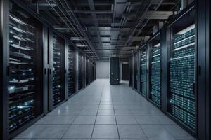 A large data centre with many computer racks in bright light created with technology. photo