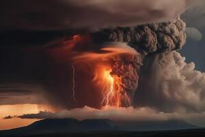 A big volcano erupts with a dark ash cloud in the sky with lightning created with technology. photo