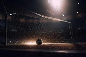 A football goal without a goalkeeper - a ball flying into the net - dark light from spotlights created with technology. photo