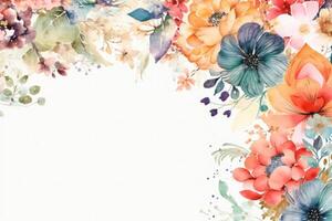 Floral frame decor in colorful watercolors on a white background created with technology. photo