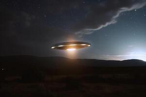 A UFO with a spotlight pointed at the bottom of the landscape - Stars in the sky created with technology. photo