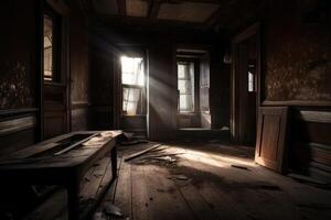 An abandoned House viewed from a room inside created with technology. photo