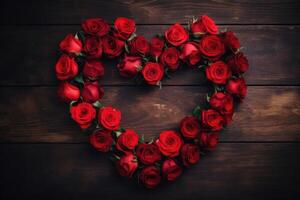 hermosa rojo rosas en forma de un corazón enamorado antecedentes creado con generativo ai tecnología. foto