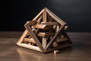 un imposible geométrico rompecabezas hecho de madera crear por generativo ai tecnología. foto