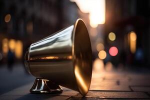 un megáfono hecho de oro en el antecedentes un calle en un grande ciudad con suave bokeh creado con generativo ai tecnología. foto