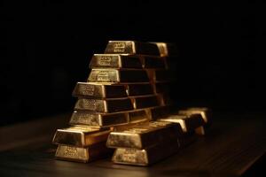 A stack of gold bars on a dark tabletop created with technology. photo