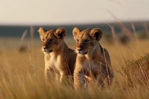 Two cute lion cubs playing in the flat grass of the savannah created with technology. photo