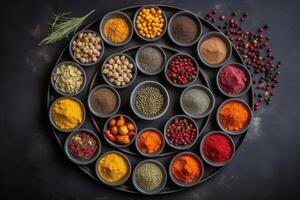 View from above of numerous spices in small bowls on a dark slate plate with copy space created with technology. photo
