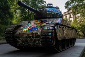 A military tank made of stained glas on a road created with technology. photo