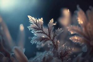 Very beautiful ice crystals in close-up against a soft winter background created with technology. photo