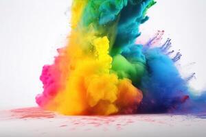 explotando color polvo en arco iris colores en un blanco antecedentes creado con generativo ai tecnología. foto