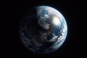 Blue planet Earth in the black space created with generative AI technology. photo