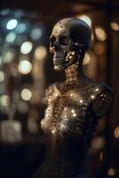 An innovative and elegant dress made of bones and skulls on a Mannequin with soft bokeh lights created with technology. photo