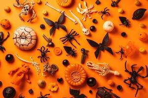 Top view on spooky halloween motifs with bones plastic spiders pumpkins and bats on an orange surface created with technology. photo