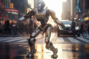 An AI robot dancing in a busy street for some money created with technology. photo
