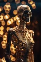 An innovative and elegant dress made of bones and skulls on a Mannequin with soft bokeh lights created with technology. photo