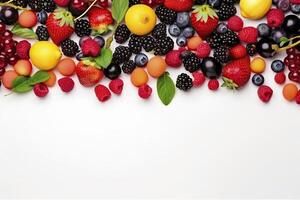 Banner with berries and fruits. Copy space, top view, summer background. . photo