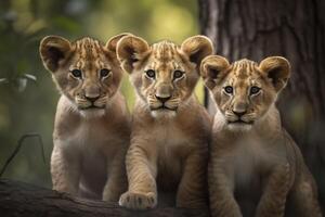 Three cute lion cubs. Generative AI. photo