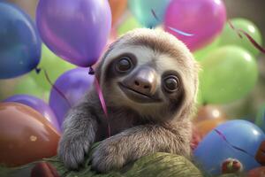 Sloth with balloons. Birthday background. . photo