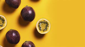 Banner with passion fruit. Copy space, top view, summer background. . photo