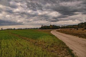 spring landscape with a dirt road, fields, trees and sky with clouds in Poland photo