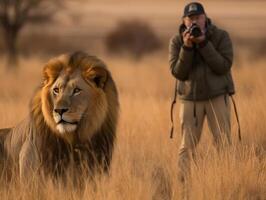 photographer taking photo of a lion on the savanna. AI Generated