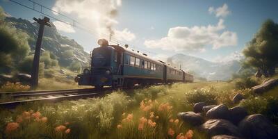 train at meadow with mountain view, photo