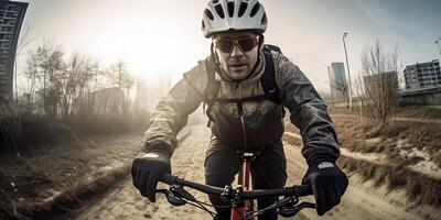 Close-up bicycle rider's face on a mountain bicycle, photo