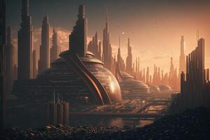 A sci-fi city with futuristic architecture in the background, photo