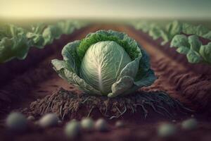 repollo en el medio de un campo, verde orgánico repollo vegetal plantación, generativo ai foto