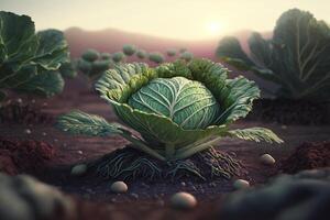 Cabbage in the middle of a field, green organic cabbage vegetable plantation, photo