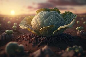 Cabbage in the middle of a field, green organic cabbage vegetable plantation, photo