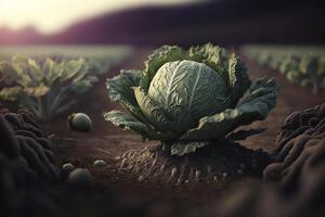 repollo en el medio de un campo, verde orgánico repollo vegetal plantación, generativo ai foto