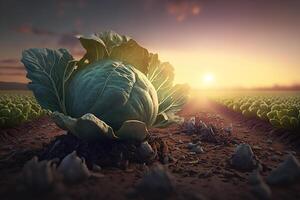 repollo en el medio de un campo, verde orgánico repollo vegetal plantación, generativo ai foto