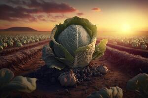 repollo en el medio de un campo, verde orgánico repollo vegetal plantación, generativo ai foto