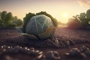 Cabbage in the middle of a field, green organic cabbage vegetable plantation, photo